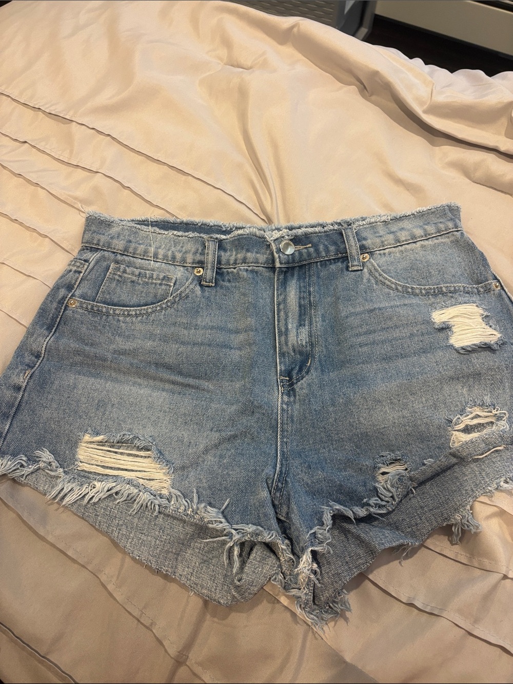 Frayed Hem Distressed Denim Shorts in Light Blue